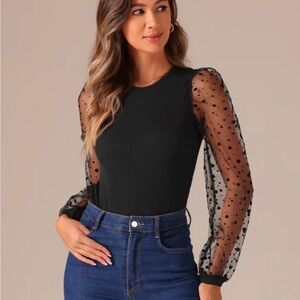 NWT size large Allegra K Black Bodysuit‎ with Sheer Polka Dot Sleeves